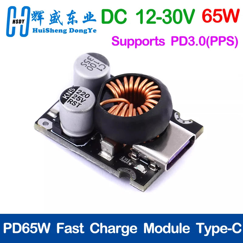 Support PD3.0 (PPS) 65W fast charge module Qualcomm QC2.0 and QC3.0 output protocol Type-C interface Fast protocol FCP SCP AFC