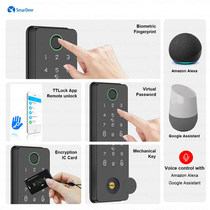 SmarDeer Electronic Door Lock with Alexa and Google Voice unlock Fingerprint Deadbolt lock with Keyless entry