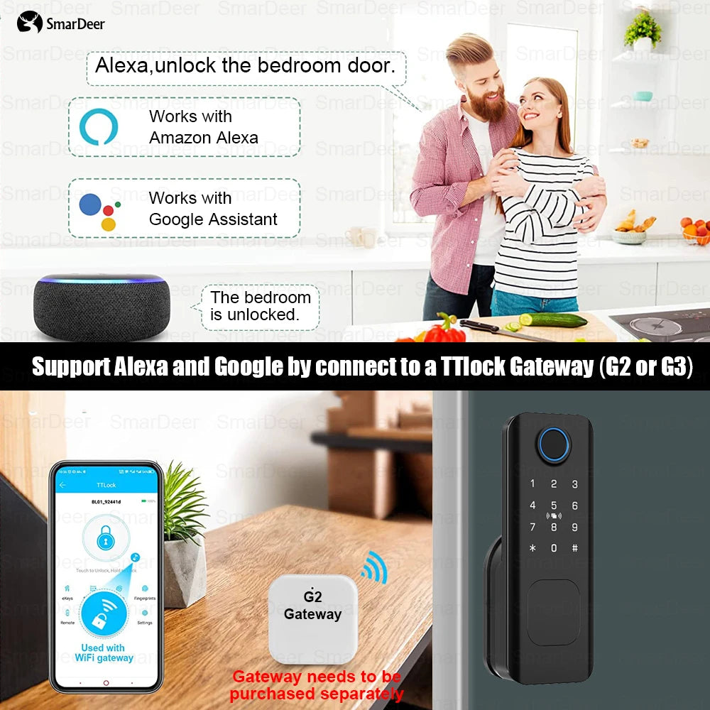 SmarDeer Electronic Door Lock with Alexa and Google Voice unlock Fingerprint Deadbolt lock with Keyless entry