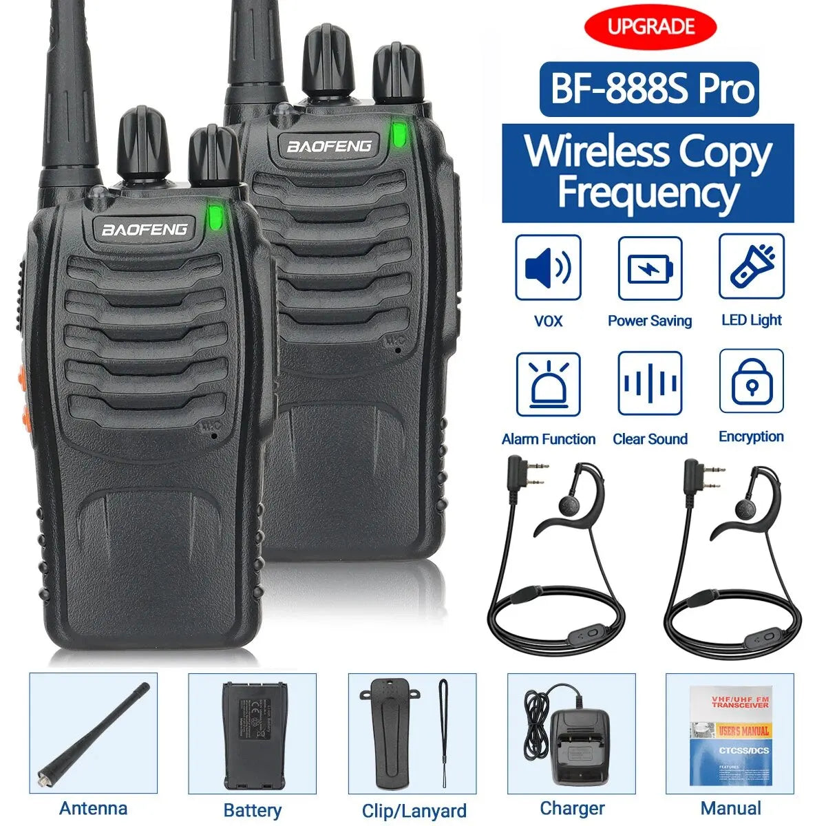 Baofeng BF-888S Pro Walkie Talkie Wireless Copy Frequency Long Range Portable UHF 400-470MHz Ham Two Way Radio for Camping Hotel