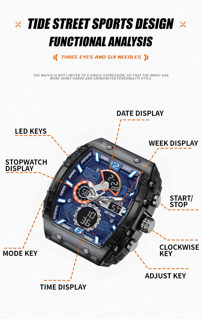 SMAEL 8109 New Men's Watch Multifunctional Sports 50M Waterproof Dual Display LED Night Light Leisure Student Electronic Watch