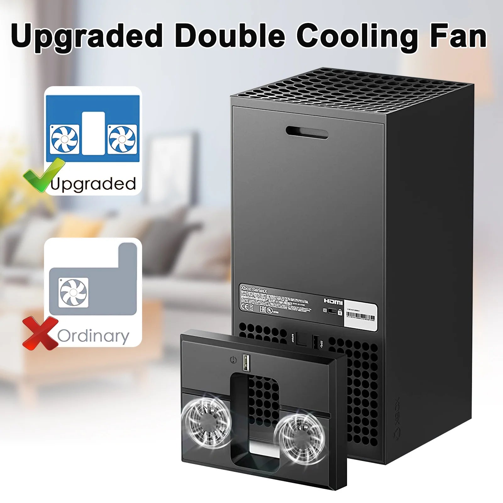 USB Cooling Fan Fit for Xbox Series X Console,  Vertical External Cooler, Ultra-Quiet Fast Cooling System with Dual Fans and 2.0 USB Port